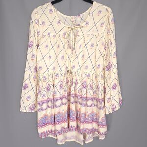 RAGA Anthropologie Top Women’s MEDIUM Juanita Ivory Printed Bell Sleeve Tie Neck